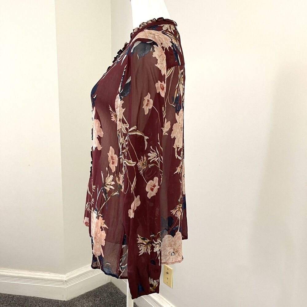 Lucky Brand Top Womens Large Floral Button Front Semi Sheer Ruffle Trim Blouse - Picture 3 of 10